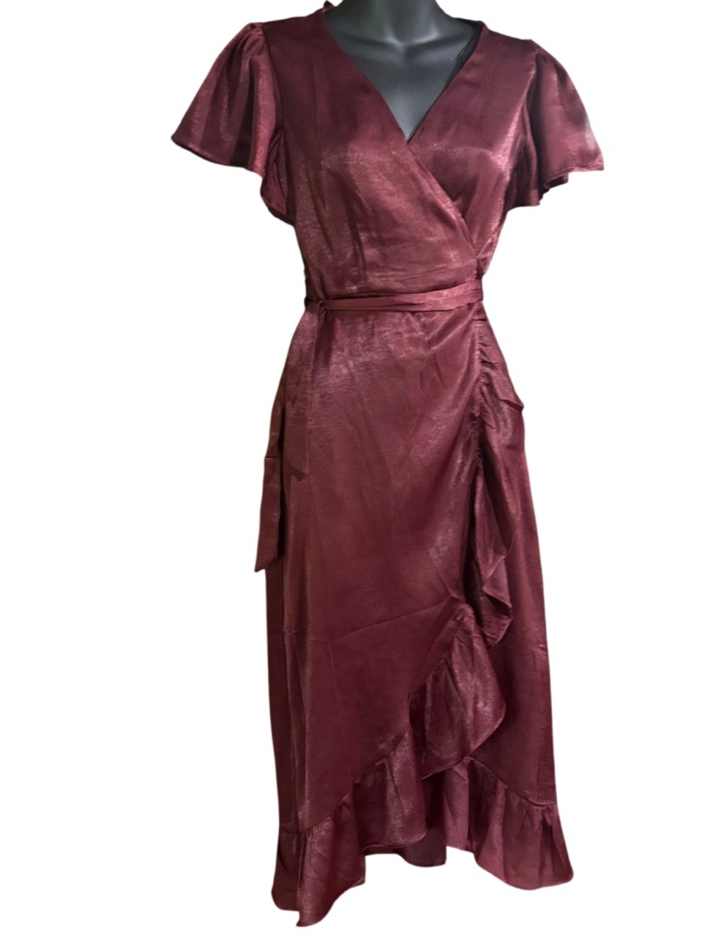Audrey parks maroon satin wrap midi dress small women purple